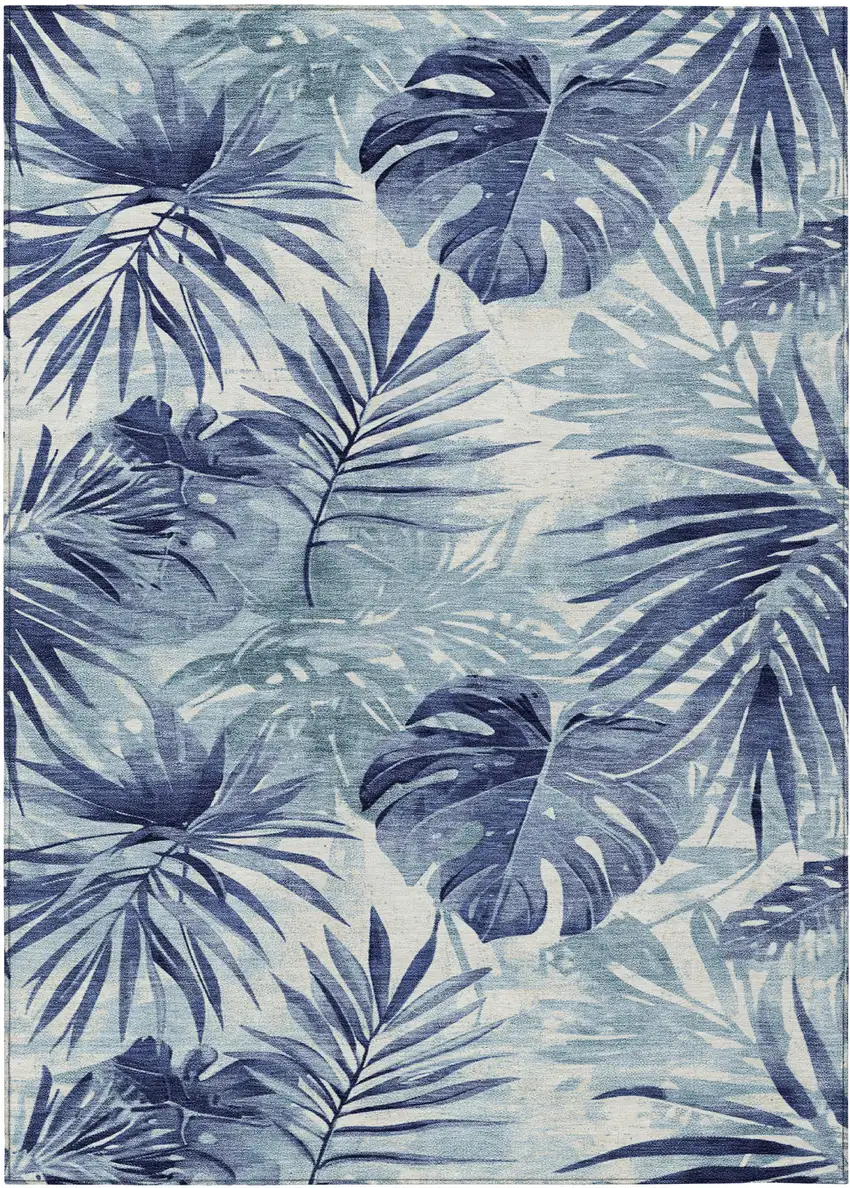 Blue And Ivory Floral Washable Indoor Outdoor Area Rug Photo 8
