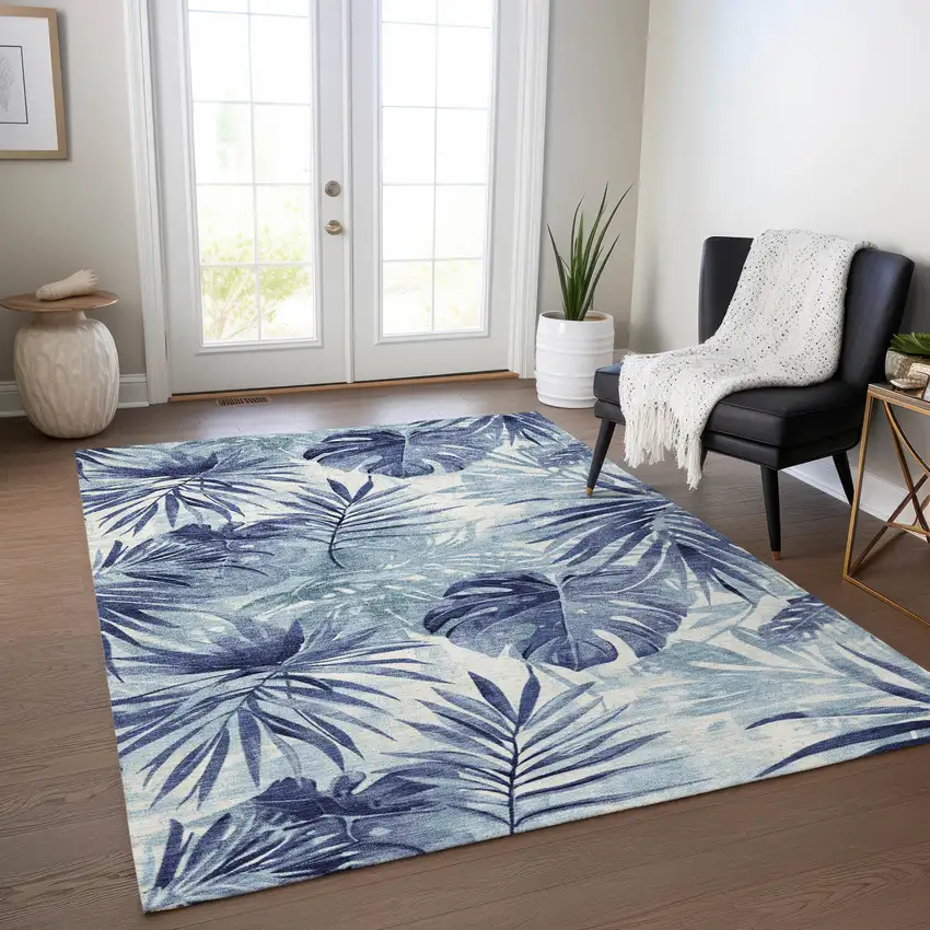 Blue And Ivory Floral Washable Indoor Outdoor Area Rug Photo 5