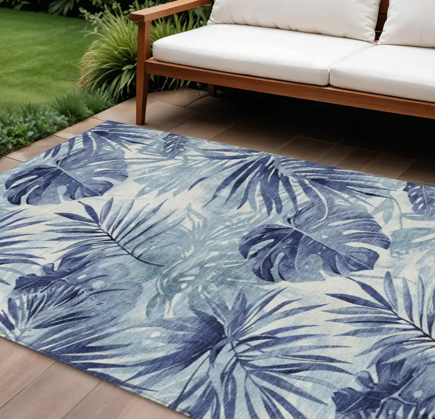 Blue And Ivory Floral Washable Indoor Outdoor Area Rug Photo 2