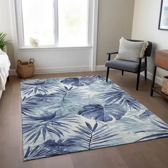 Blue And Ivory Floral Washable Indoor Outdoor Area Rug Photo 7