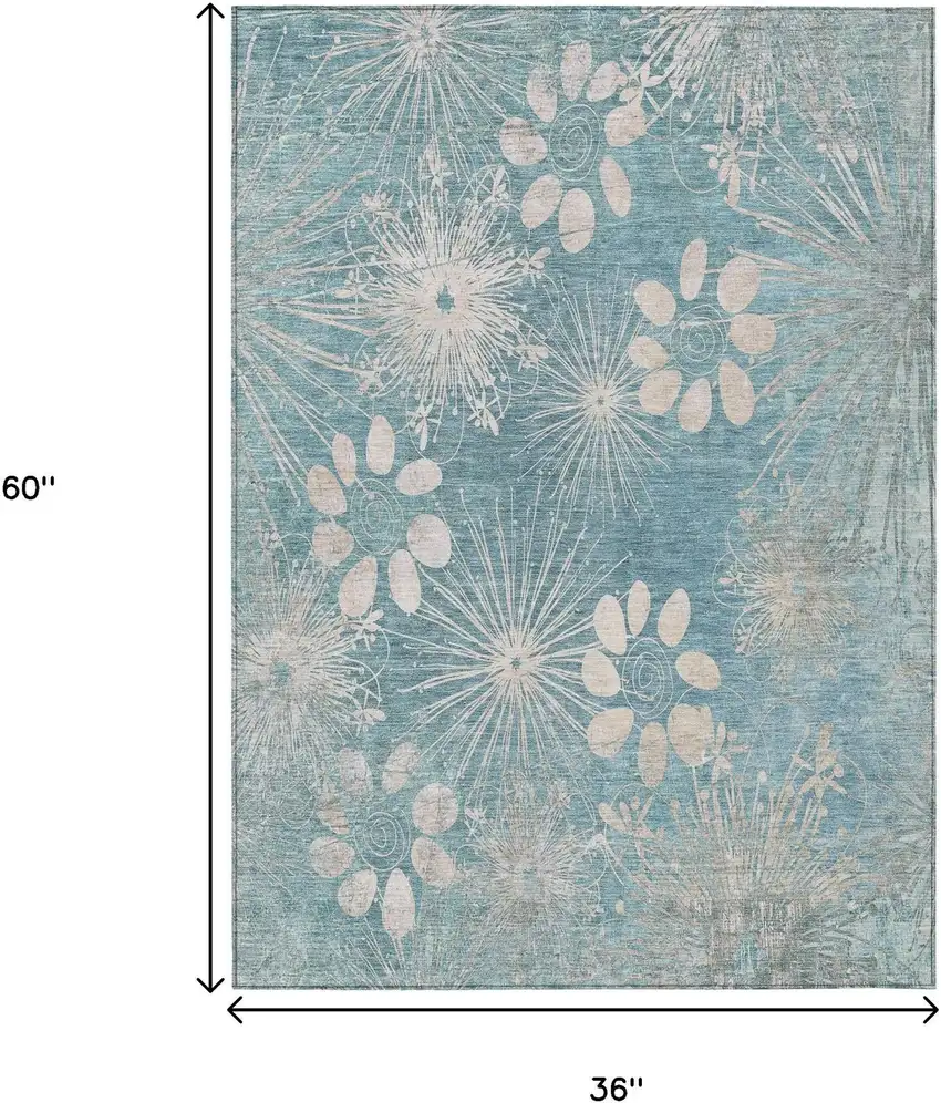 Blue And Ivory Floral Washable Indoor Outdoor Area Rug Photo 3