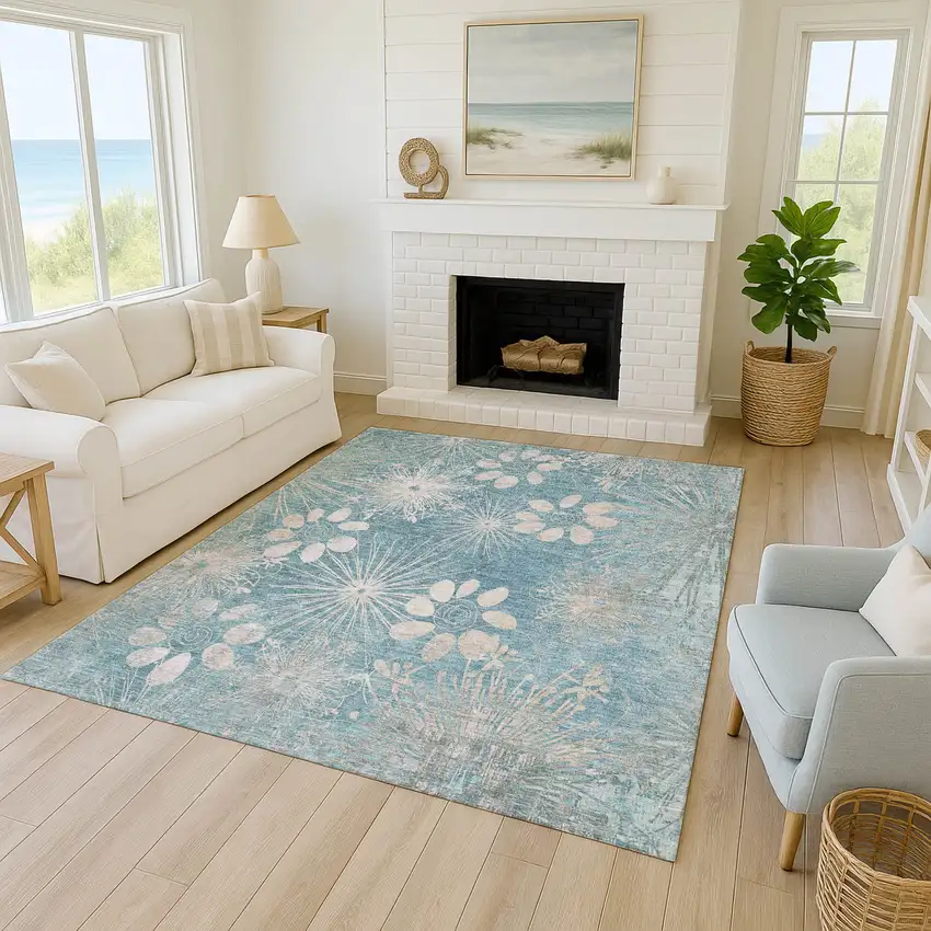Blue And Ivory Floral Washable Indoor Outdoor Area Rug Photo 9