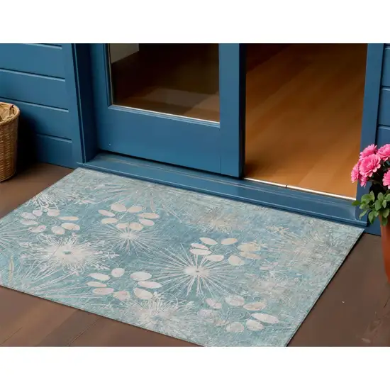 Blue And Ivory Floral Washable Indoor Outdoor Area Rug Photo 1