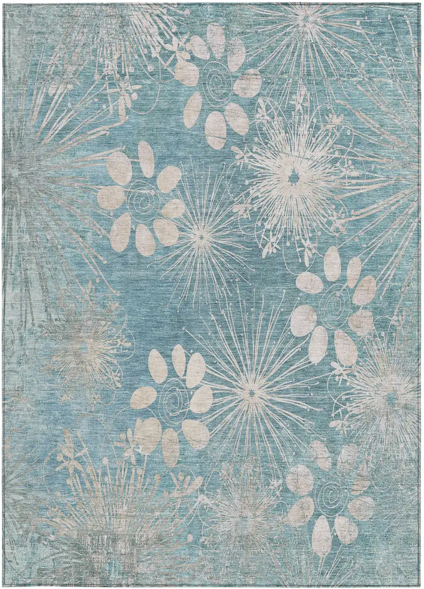 Blue And Ivory Floral Washable Indoor Outdoor Area Rug Photo 4