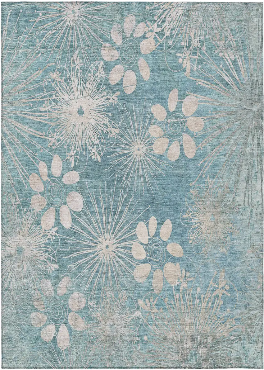 Blue And Ivory Floral Washable Indoor Outdoor Area Rug Photo 2
