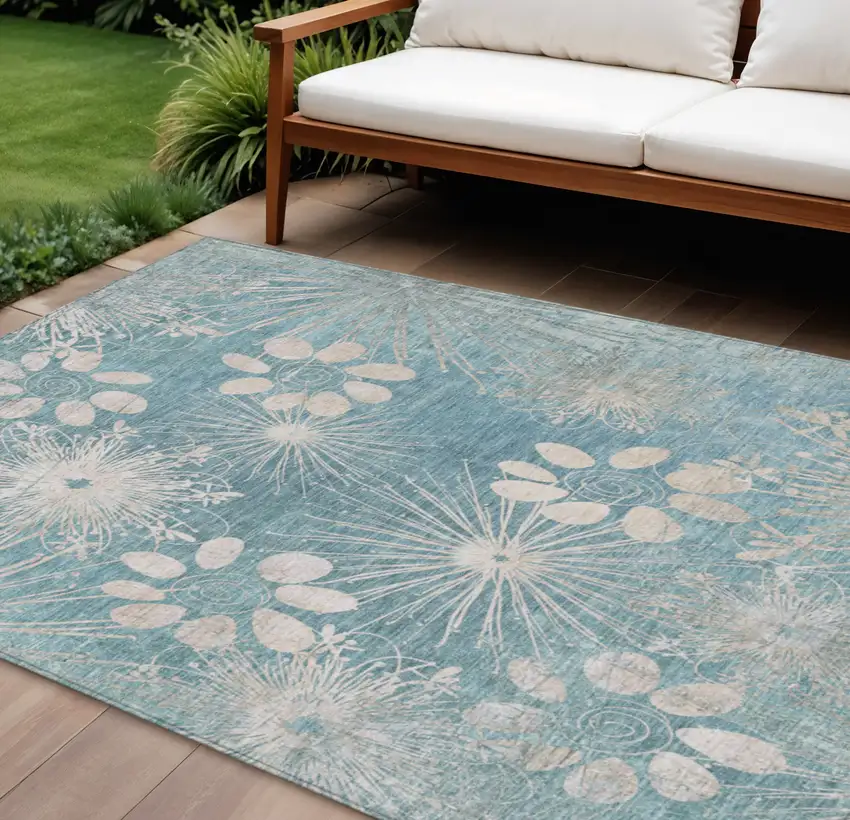 Blue And Ivory Floral Washable Indoor Outdoor Area Rug Photo 1