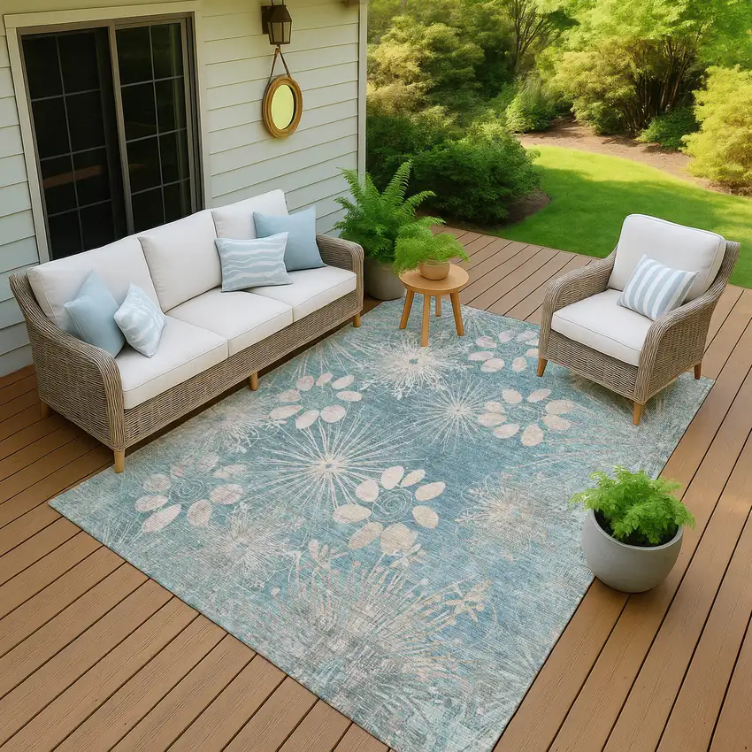 Blue And Ivory Floral Washable Indoor Outdoor Area Rug Photo 8