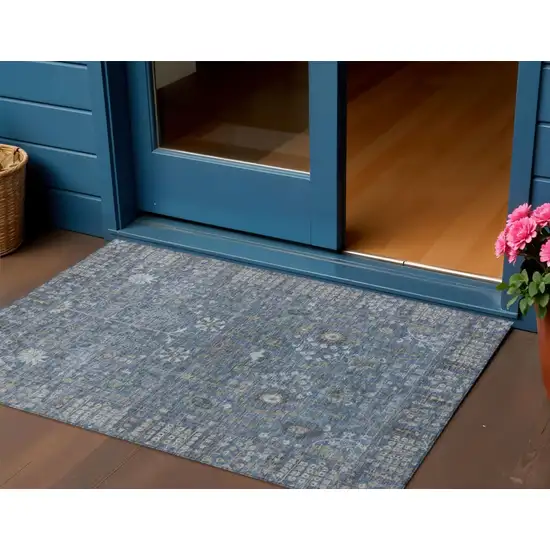 Blue And Ivory Floral Washable Indoor Outdoor Area Rug Photo 1