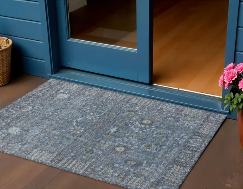 Blue And Ivory Floral Washable Indoor Outdoor Area Rug Photo 1