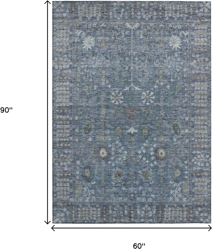 Blue And Ivory Floral Washable Indoor Outdoor Area Rug Photo 3