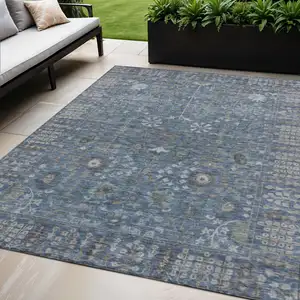 Photo of Blue And Ivory Floral Washable Indoor Outdoor Area Rug