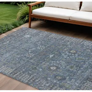 Photo of Blue And Ivory Floral Washable Indoor Outdoor Area Rug