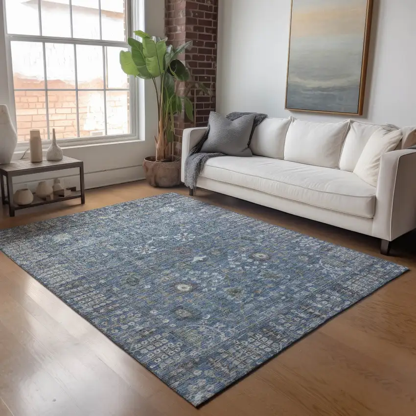 Blue And Ivory Floral Washable Indoor Outdoor Area Rug Photo 9