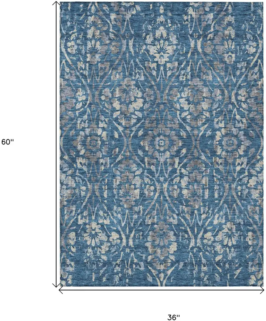 Blue And Ivory Floral Washable Indoor Outdoor Area Rug Photo 3