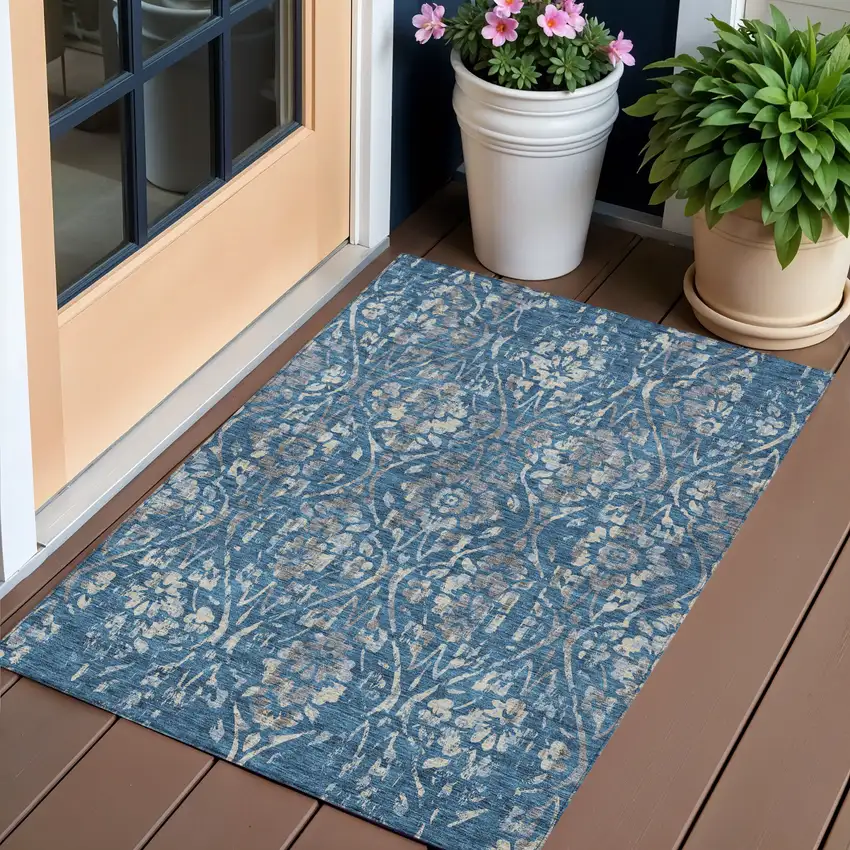 Blue And Ivory Floral Washable Indoor Outdoor Area Rug Photo 1