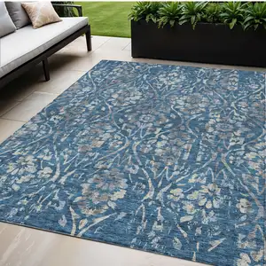 Photo of Blue And Ivory Floral Washable Indoor Outdoor Area Rug