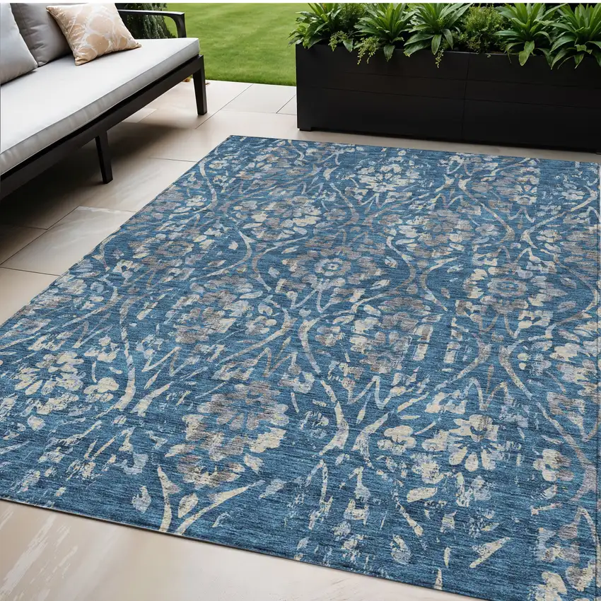 Blue And Ivory Floral Washable Indoor Outdoor Area Rug Photo 1