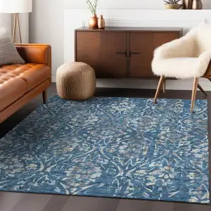 Photo of Blue And Ivory Floral Washable Indoor Outdoor Area Rug