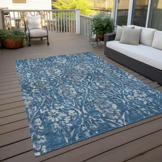 Blue And Ivory Floral Washable Indoor Outdoor Area Rug Photo 8