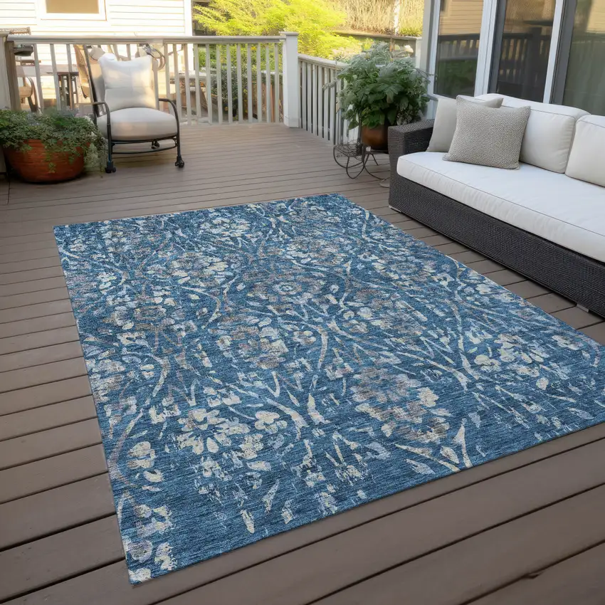 Blue And Ivory Floral Washable Indoor Outdoor Area Rug Photo 8