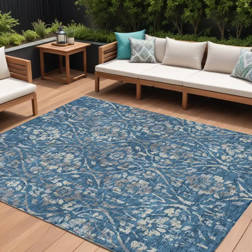 Blue And Ivory Floral Washable Indoor Outdoor Area Rug Photo 1