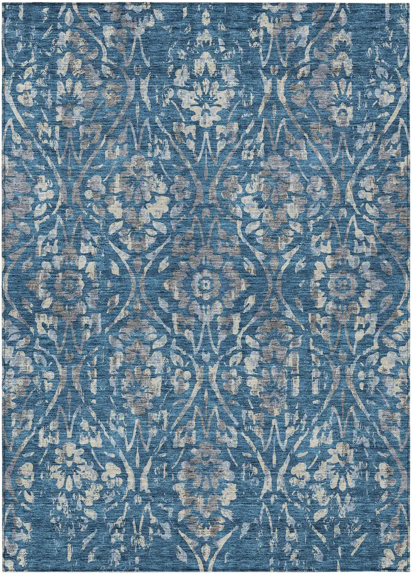 Blue And Ivory Floral Washable Indoor Outdoor Area Rug Photo 2