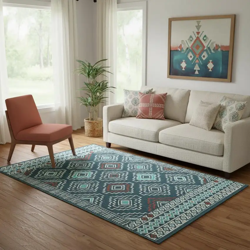 Blue And Ivory Geometric Area Rug Photo 1
