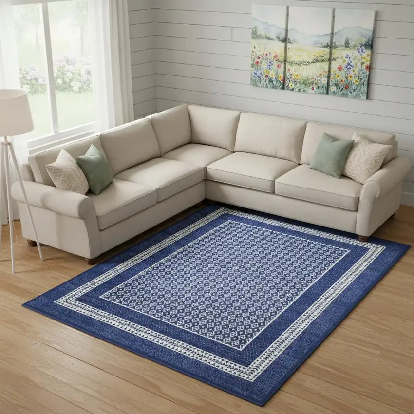 Blue And Ivory Geometric Distressed Area Rug Photo 1
