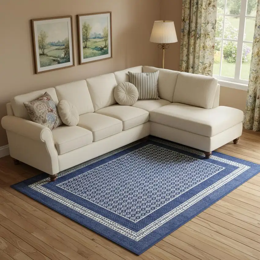 Blue And Ivory Geometric Distressed Area Rug Photo 1