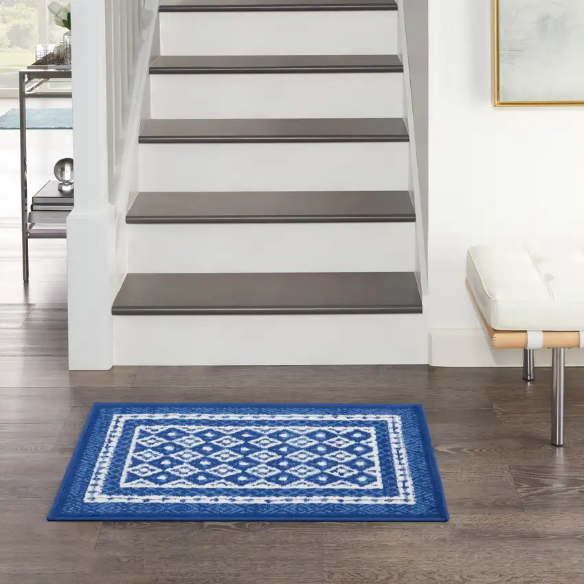 Blue And Ivory Geometric Distressed Area Rug Photo 5