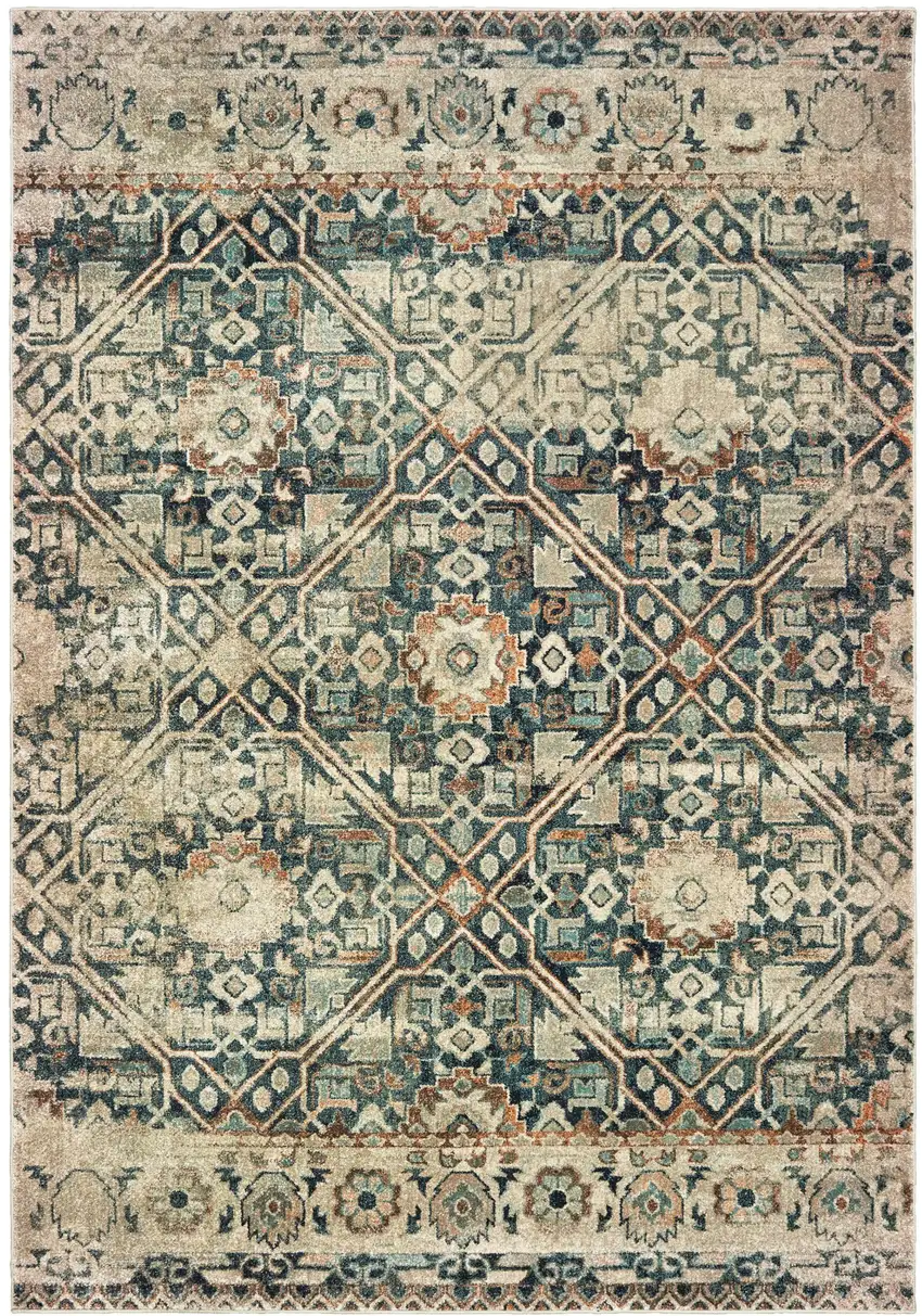 Blue And Ivory Geometric Distressed Area Rug Photo 2