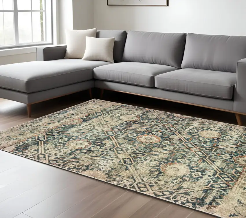 Blue And Ivory Geometric Distressed Area Rug Photo 1
