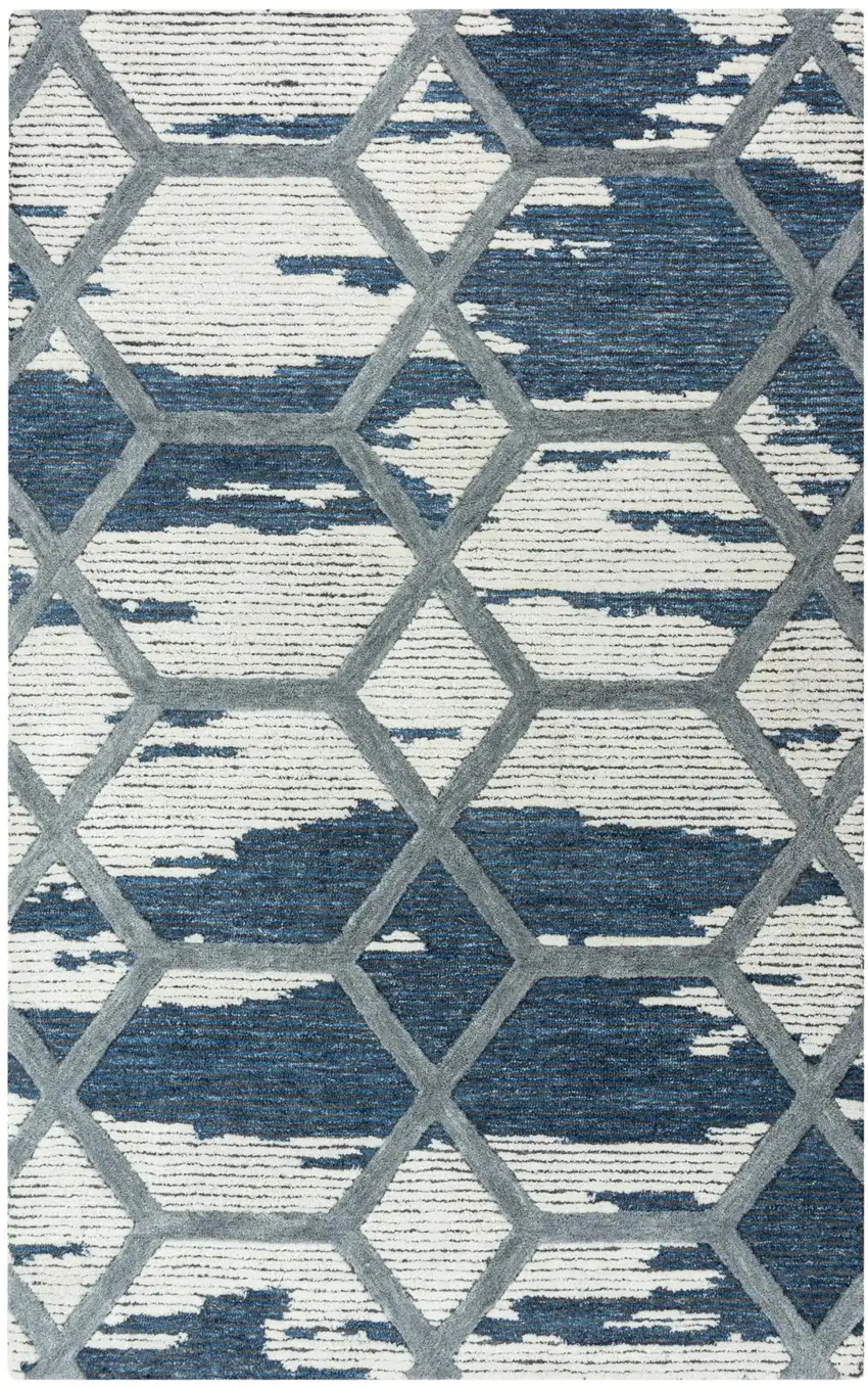 Blue And Ivory Geometric Hand Tufted Area Rug Photo 1