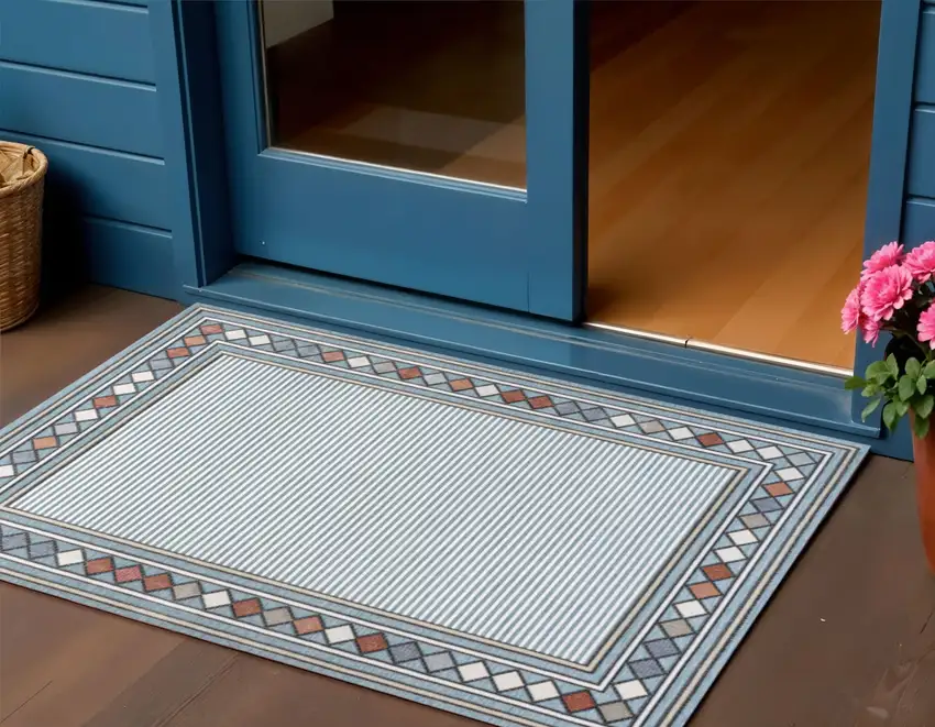 Blue And Ivory Geometric Indoor Outdoor Area Rug Photo 1