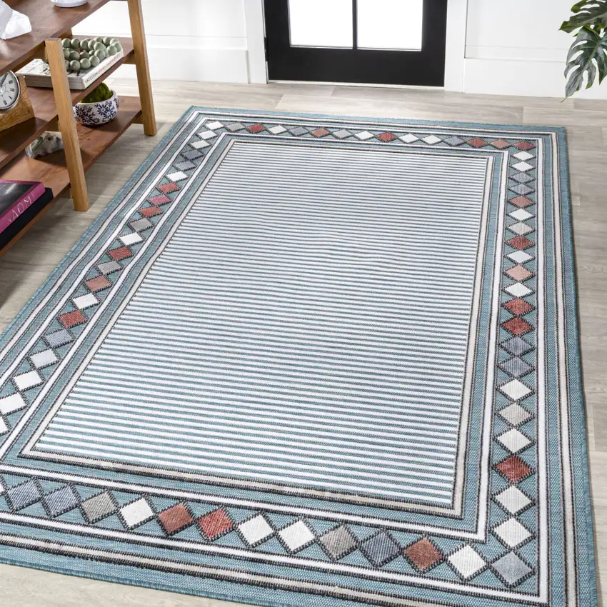 Blue And Ivory Geometric Indoor Outdoor Area Rug Photo 5