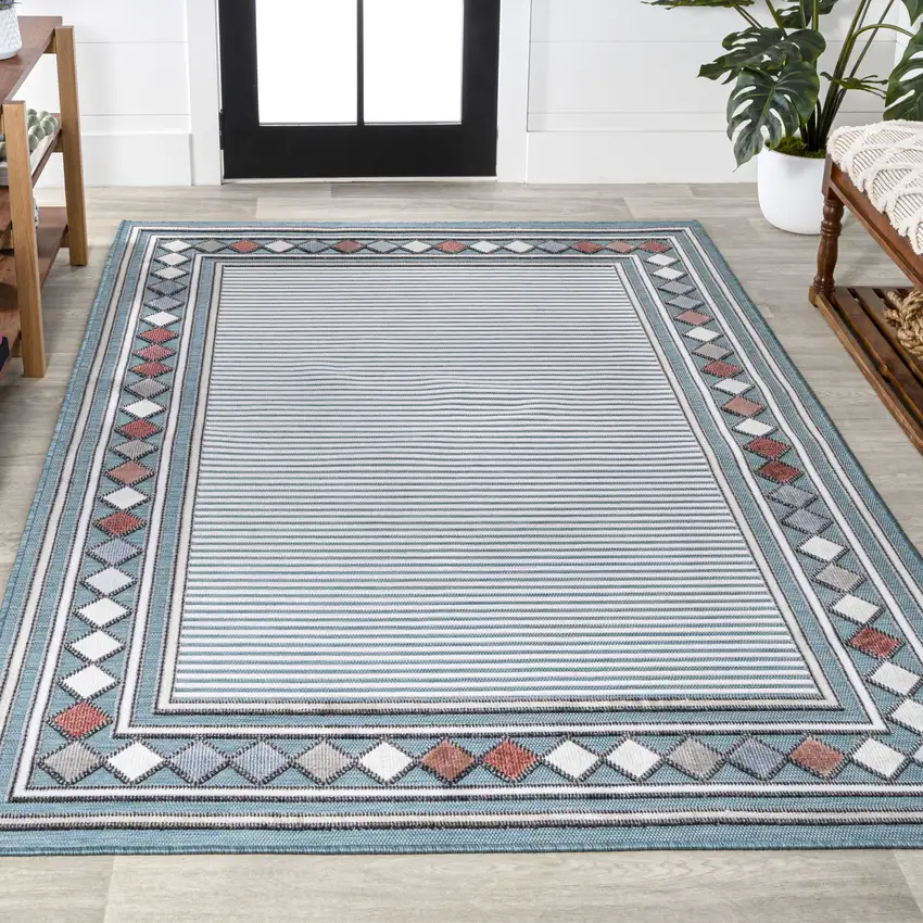 Blue And Ivory Geometric Indoor Outdoor Area Rug Photo 7