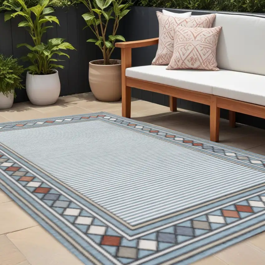 Blue And Ivory Geometric Indoor Outdoor Area Rug Photo 1