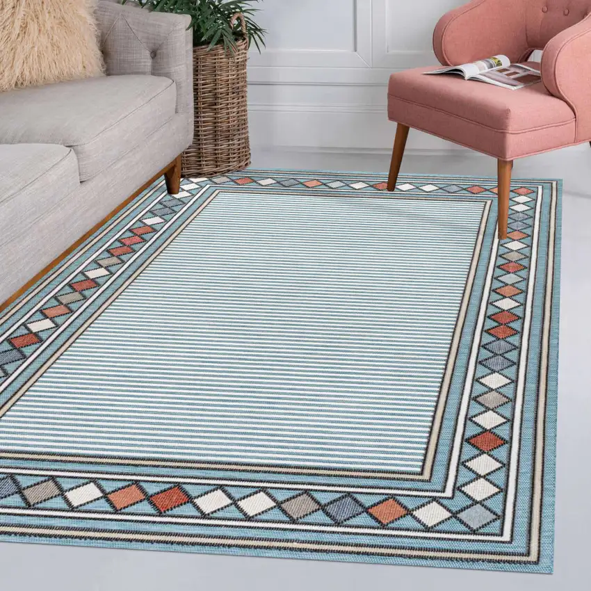 Blue And Ivory Geometric Indoor Outdoor Area Rug Photo 9