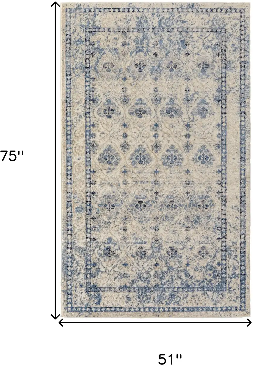 Blue And Ivory Geometric Power Loom Distressed Area Rug Photo 8