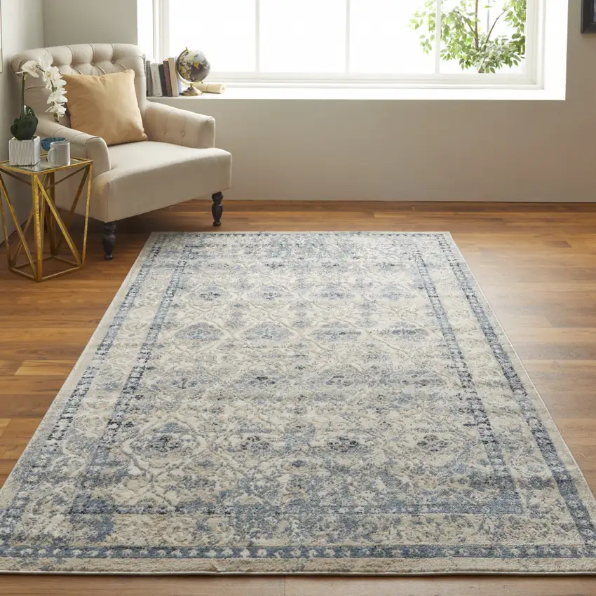 Blue And Ivory Geometric Power Loom Distressed Area Rug Photo 5