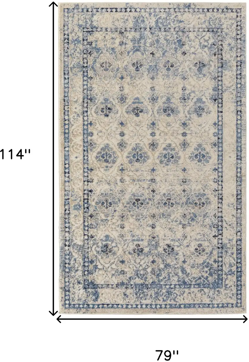 Blue And Ivory Geometric Power Loom Distressed Area Rug Photo 10