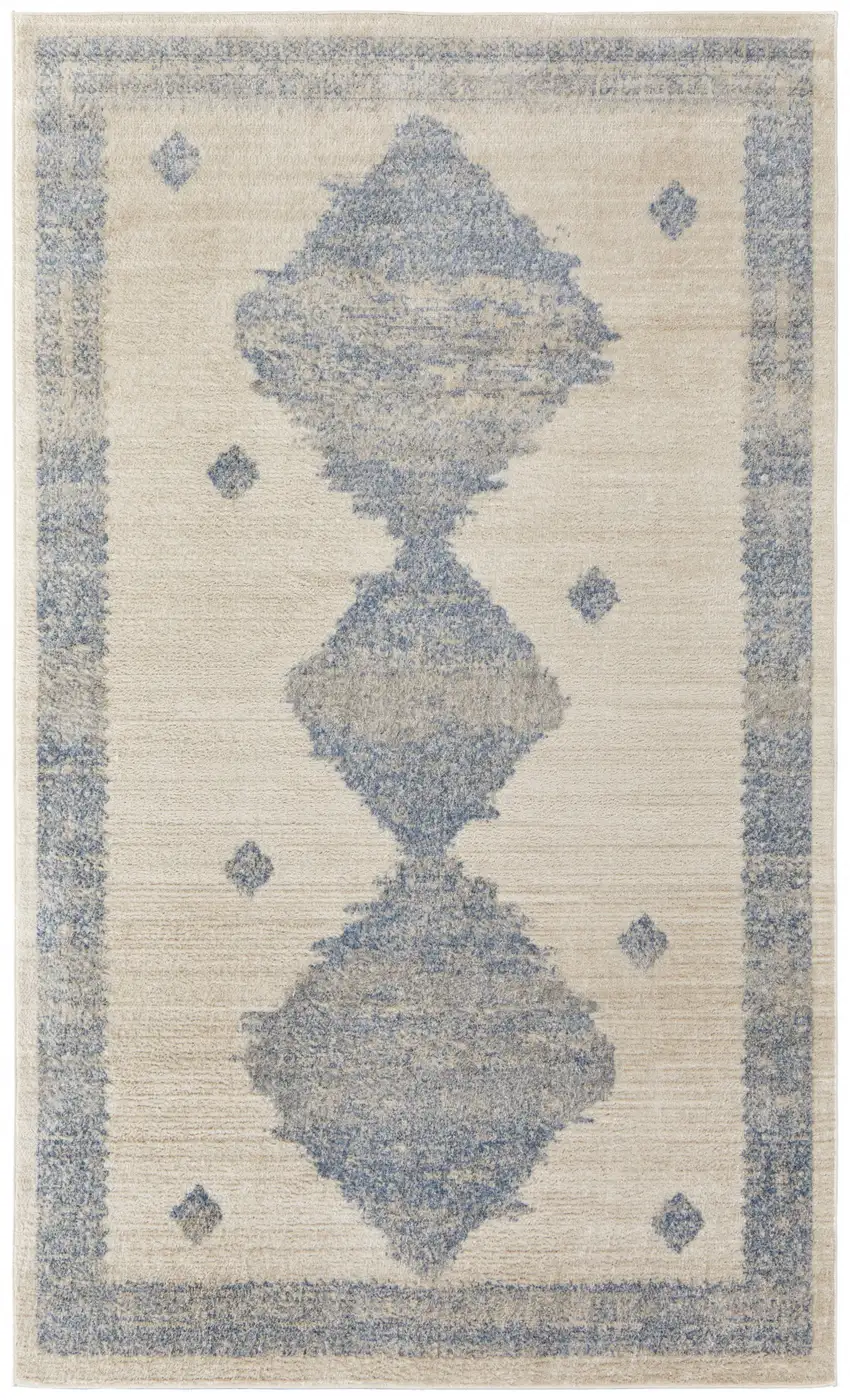 Blue And Ivory Geometric Power Loom Distressed Area Rug Photo 1