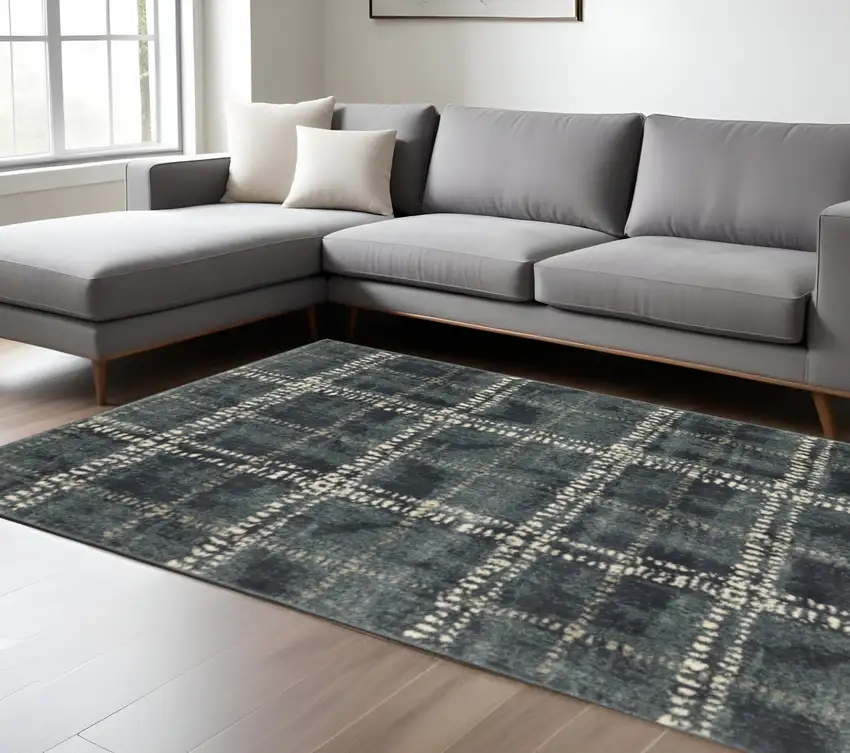 Blue And Ivory Geometric Power Loom Stain Resistant Area Rug Photo 1