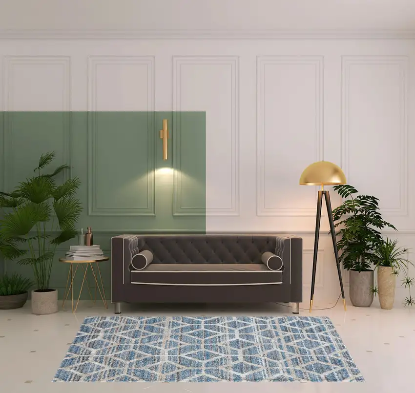Blue And Ivory Geometric Power Loom Stain Resistant Area Rug Photo 2