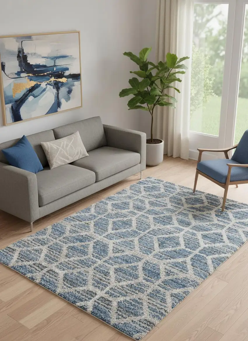 Blue And Ivory Geometric Power Loom Stain Resistant Area Rug Photo 1