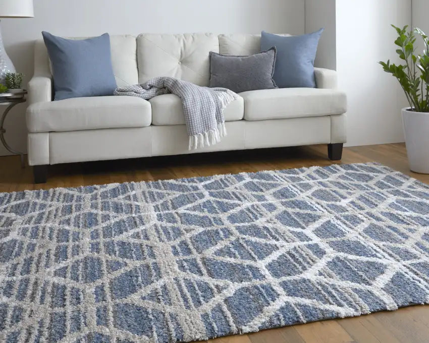 Blue And Ivory Geometric Power Loom Stain Resistant Area Rug Photo 7