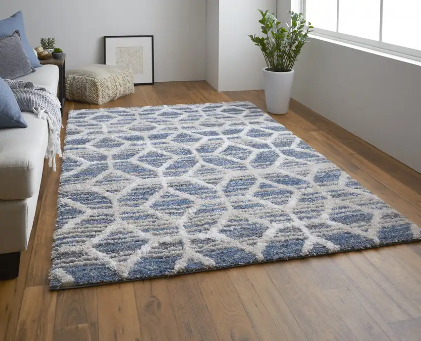 Blue And Ivory Geometric Power Loom Stain Resistant Area Rug Photo 6