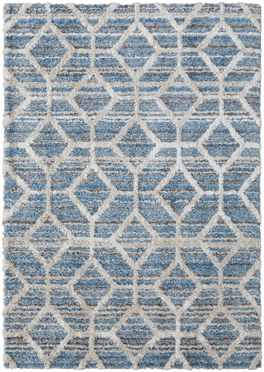 Blue And Ivory Geometric Power Loom Stain Resistant Area Rug Photo 1