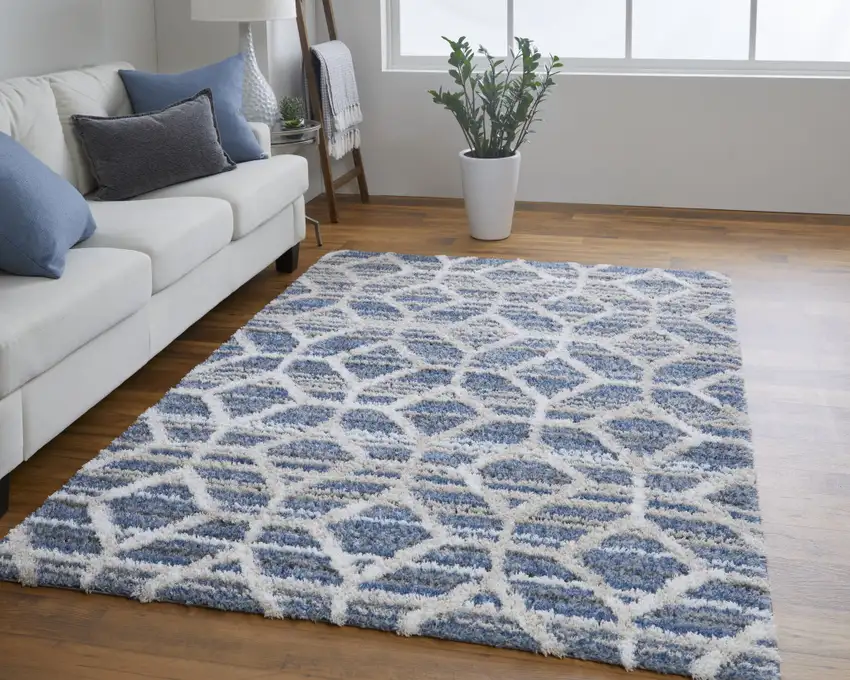 Blue And Ivory Geometric Power Loom Stain Resistant Area Rug Photo 5