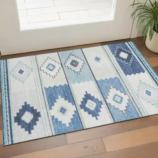 Blue And Ivory Geometric Washable Area Rug With UV Protection Photo 1